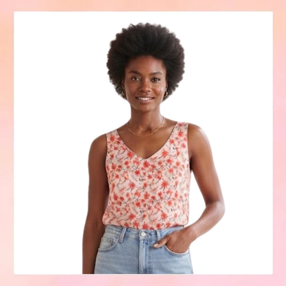 Ekouaer Red Floral V-Neck Satin Tank Top Size S NWT